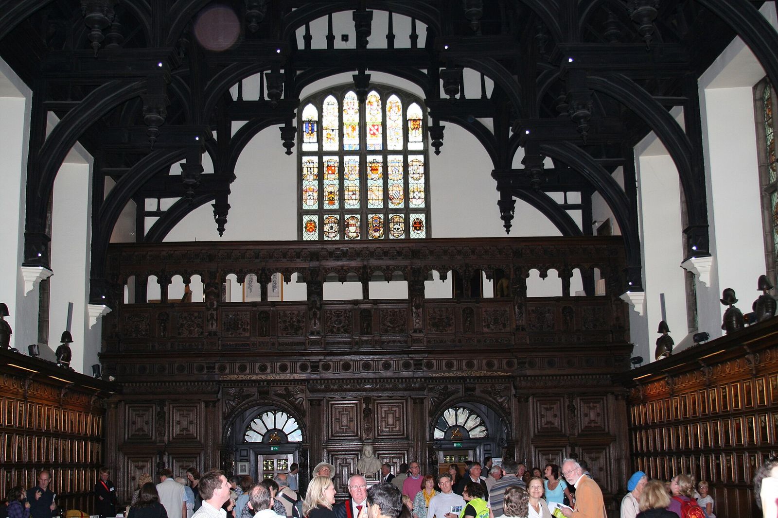 Interior of Middle Temple Hall with its carved wooden double hammerbeam roof.