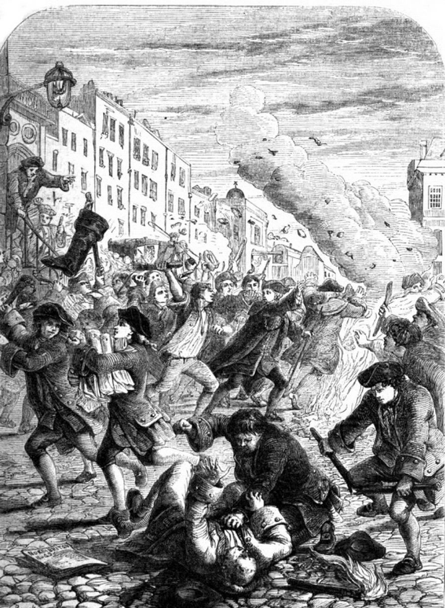 Engraving of a London crowd rioting as officials attempt to burn issue No. 45 of The North Briton.