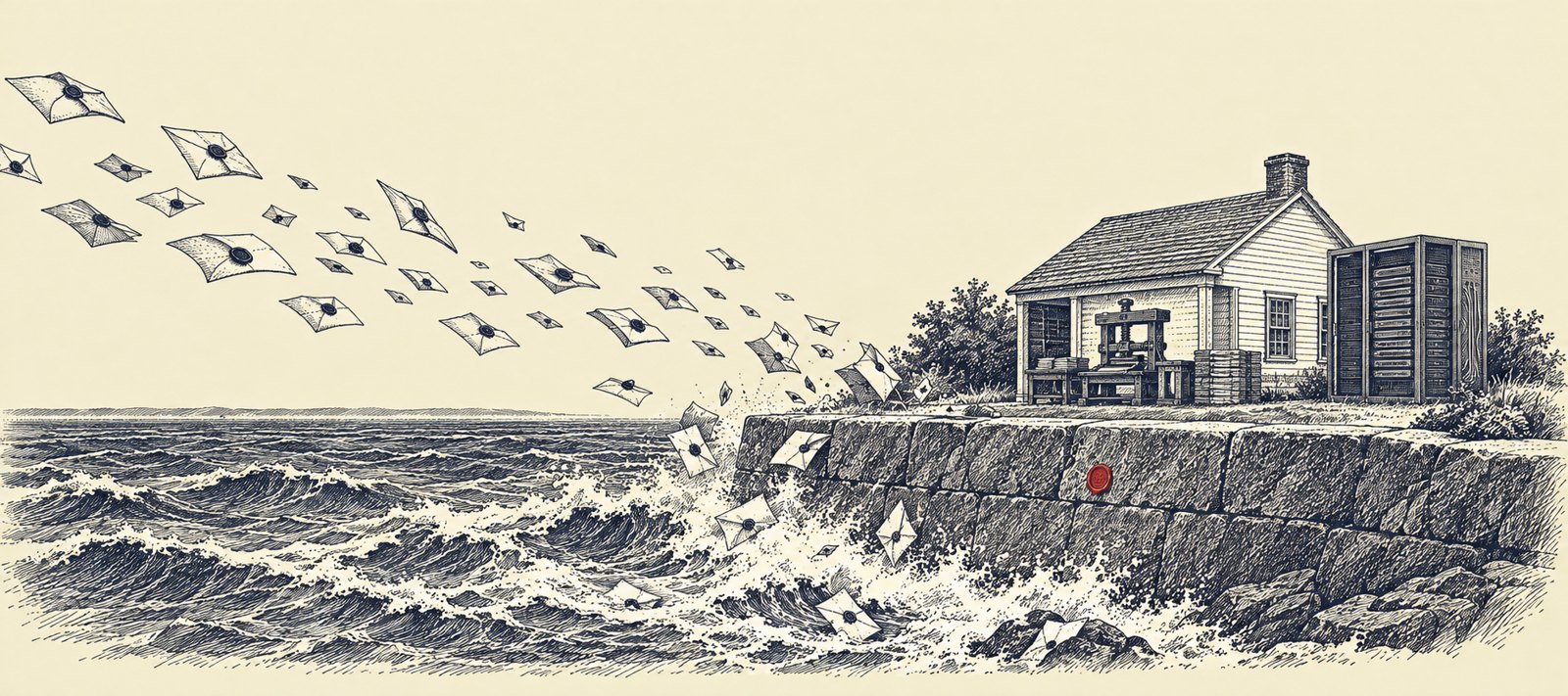 Editorial ink illustration: official letters with wax seals fly across a stormy sea and break against a granite seawall that shields a colonial print shop and a server cabinet on the American shore.