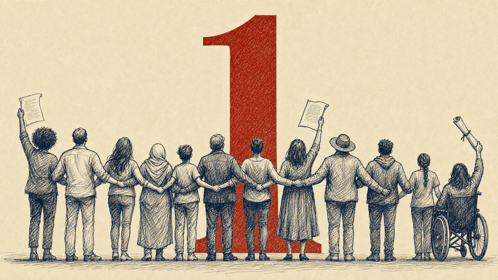 Editorial illustration: a coalition of diverse citizens standing shoulder-to-shoulder, arms linked, with a vertical brick-red brushstroke rising through the center.