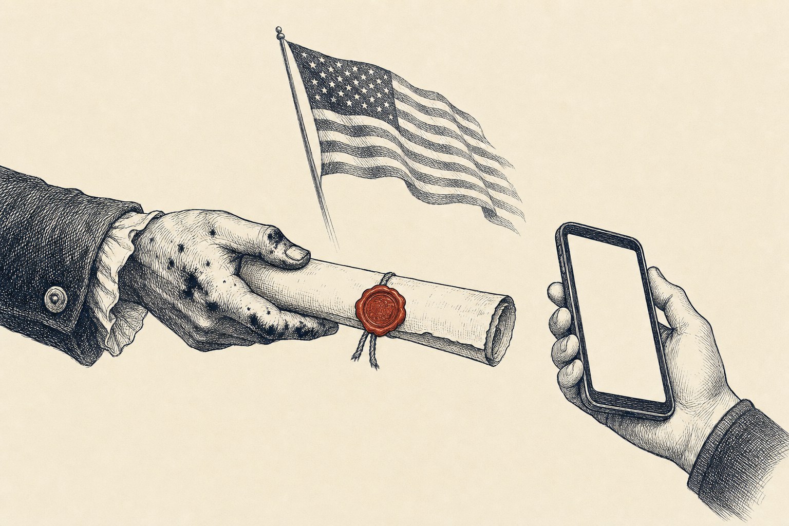 Editorial ink illustration: a colonial pamphleteer's ink-stained hand extending a sealed manuscript to a modern hand holding a smartphone, an American flag furled quietly above.