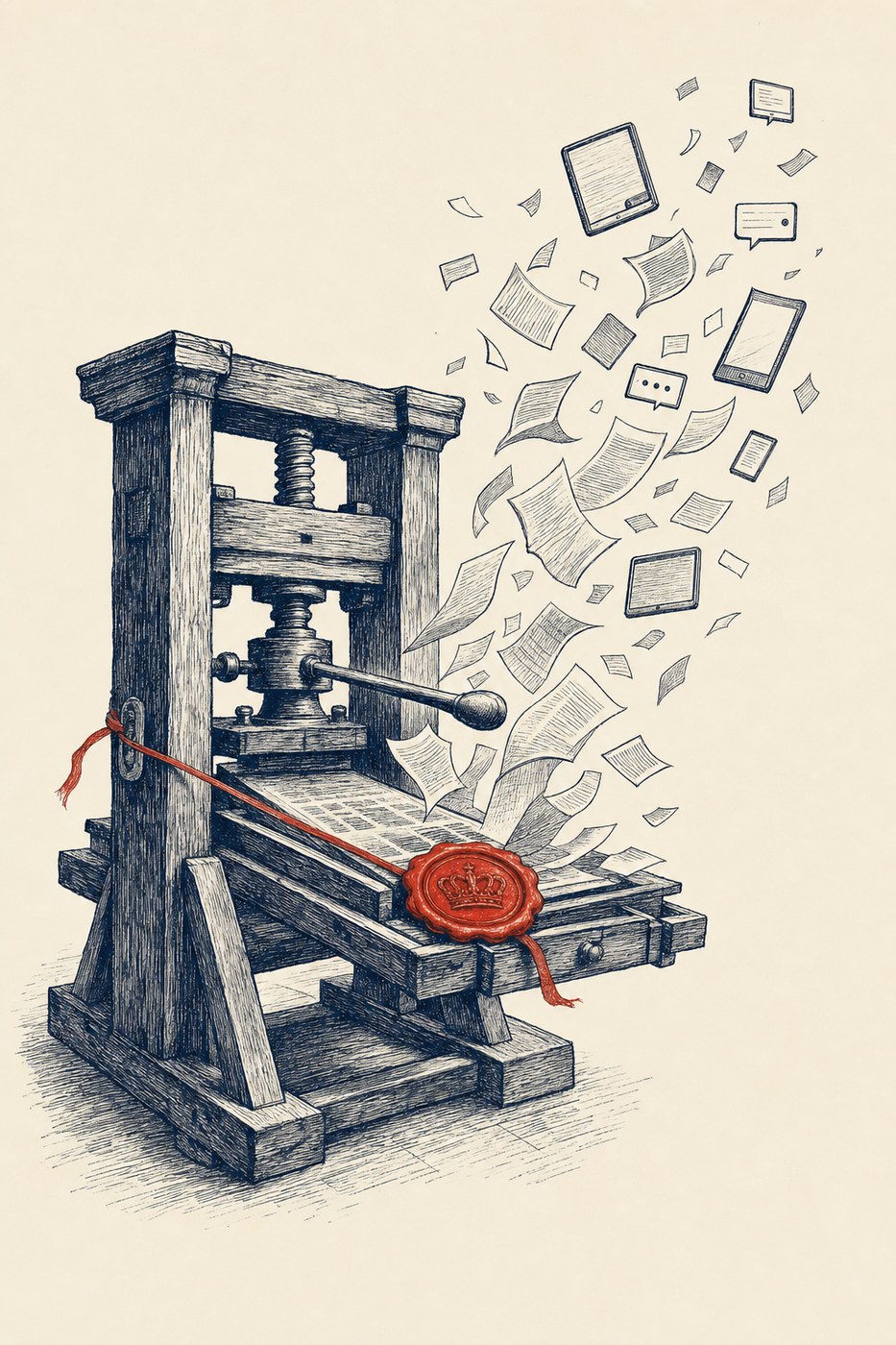 Ink drawing of a seventeenth-century hand printing press with a red wax crown seal and ribbon locked across its bed, while printed pages escape upward and become screens and message windows.