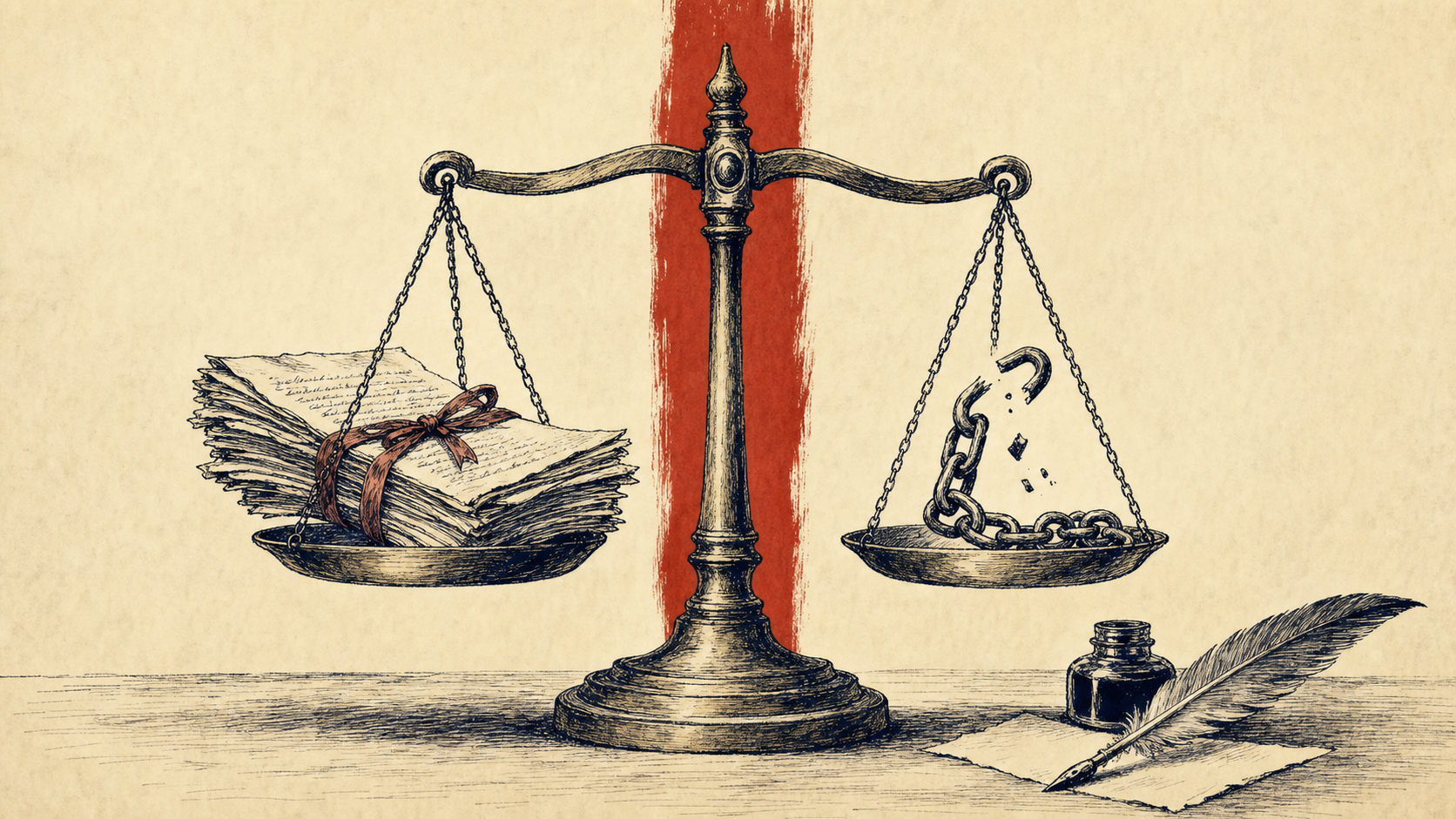 Editorial illustration: brass scales of justice, one pan holding a bundle of parchment documents, the other holding a broken chain, with a vertical red brushstroke rising through the scale's central column.
