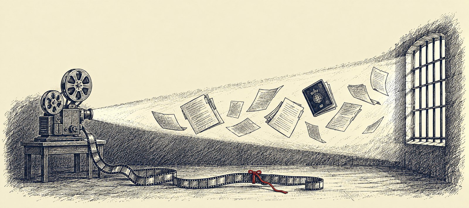 Editorial ink illustration: an old film projector throws a beam of light carrying loose court papers and a passport toward a barred window; a strip of film tied with a red cord runs across the floor.