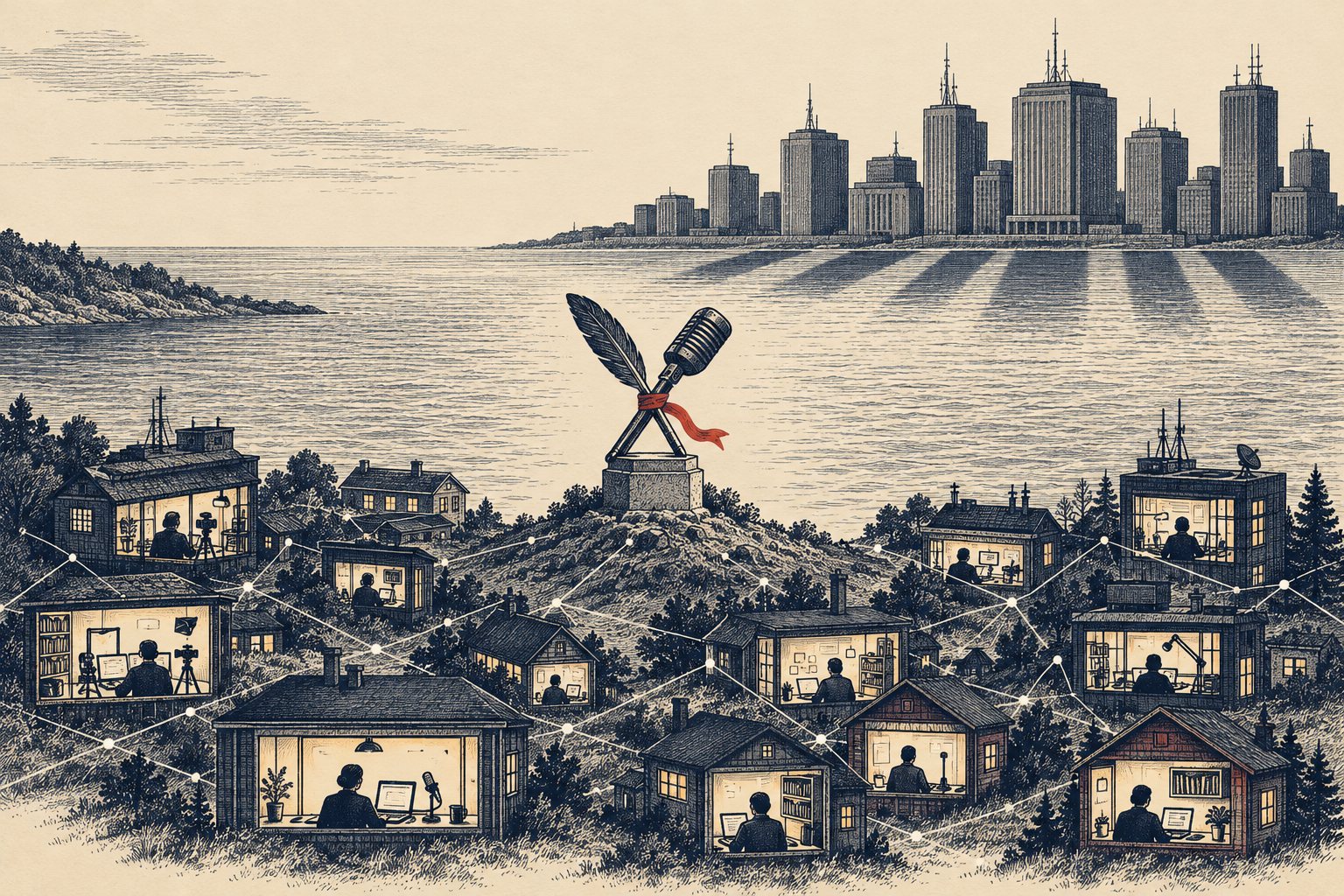 Editorial ink illustration: a village of small lit home studios and newsrooms, linked by fine lines into a network, surrounds a monument of a crossed quill and microphone tied with a red ribbon. Across the water, grey bureaucratic towers cast long shadows that stop before reaching the shore.