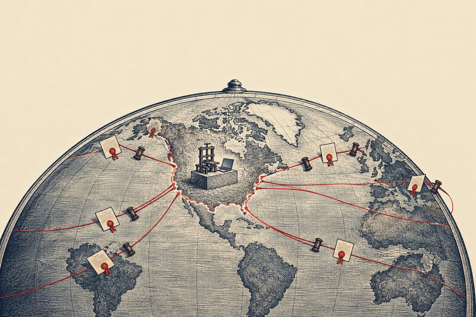 Editorial ink illustration: red threads tied to sealed official documents and gavels stretch across a globe from Europe, Britain, Australia, South America and the Pacific toward North America, where a colonial printing press and a laptop sit on a granite plinth. The threads stop at a bright line around the coast.