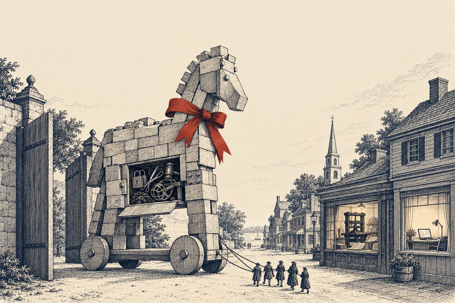 Editorial ink illustration: a wooden Trojan horse built from children's toy blocks and tied with a red ribbon is rolled through the gate of a colonial town with a print shop. A hatch in its belly is open, showing padlocks, scissors, a gavel and chains inside.