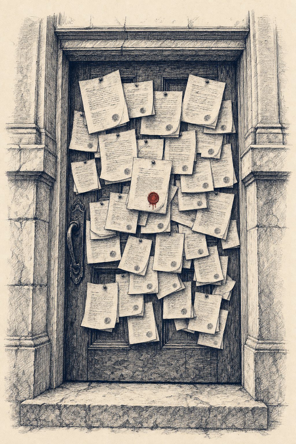 Editorial ink illustration: a heavy oak courthouse door covered in dozens of overlapping paper writs and summonses pinned to it, their edges curling; one near the center bears a red wax seal.