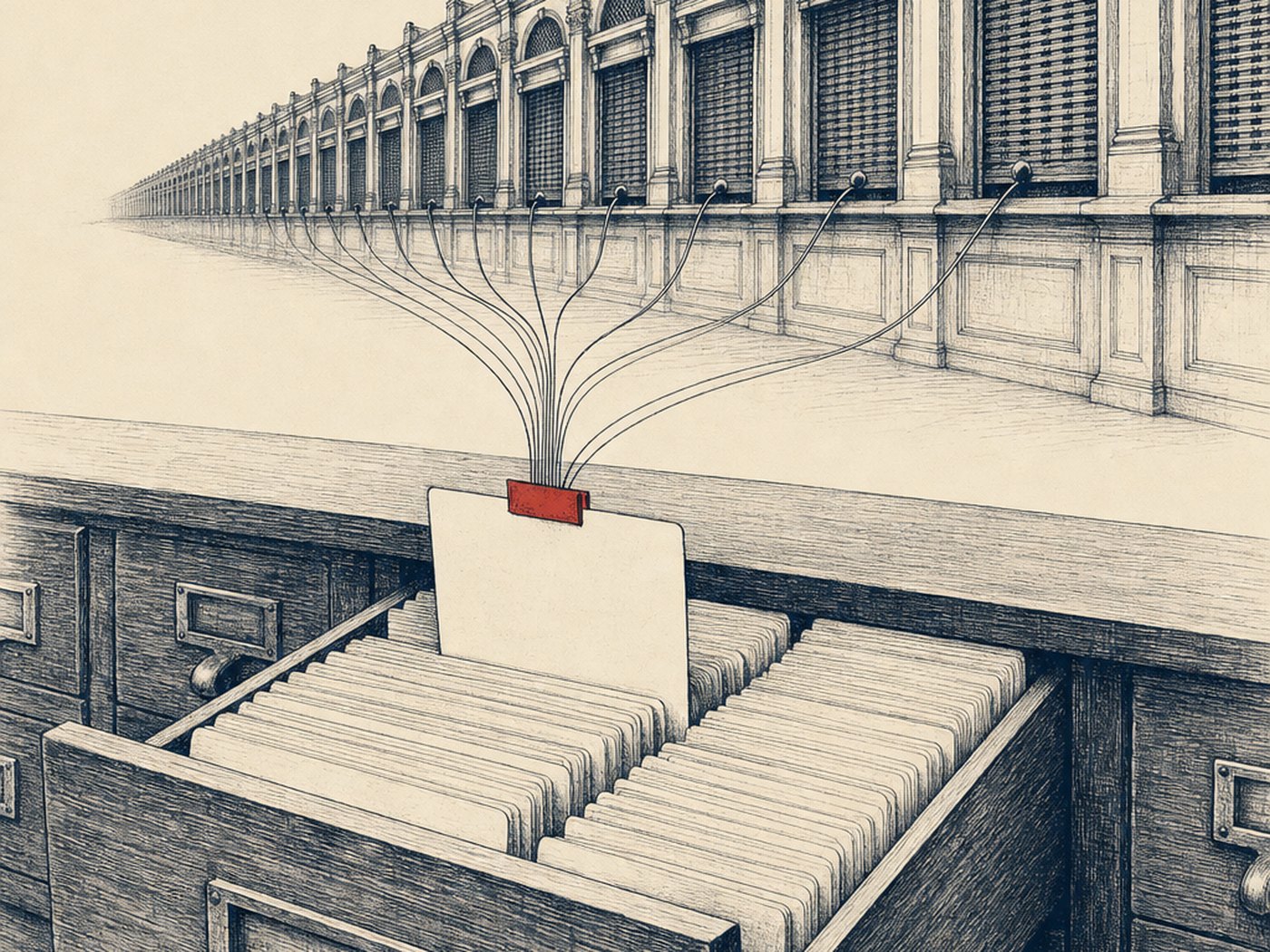 Editorial ink illustration. In the foreground, an open wooden card-catalogue drawer full of identical blank index cards; one card stands raised with a small red tab clipped to it. Thin wires run from that single card back to a long row of bank teller windows receding into the distance, every one closed behind a lowered shutter.