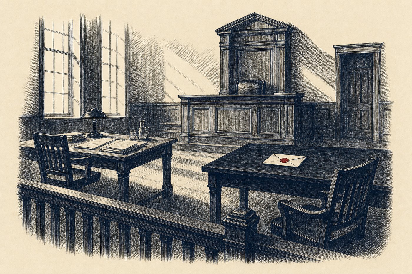 Editorial ink illustration: a spare courtroom seen from the gallery; one counsel table is set with papers and a lamp, the other is bare except for a single unopened envelope sealed in red wax, its chair pushed back and empty.
