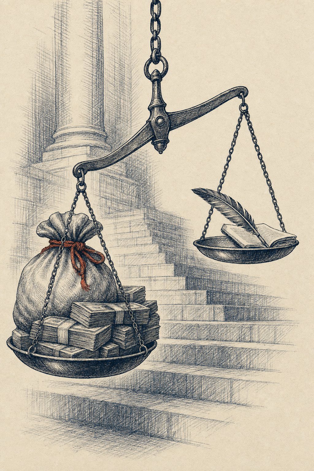 Editorial ink illustration: a brass balance scale hanging from a chain; one pan is weighed down by bundled banknotes and a money sack tied with red cord, the other, lifted high, holds a single quill and a folded newspaper; courthouse steps behind.