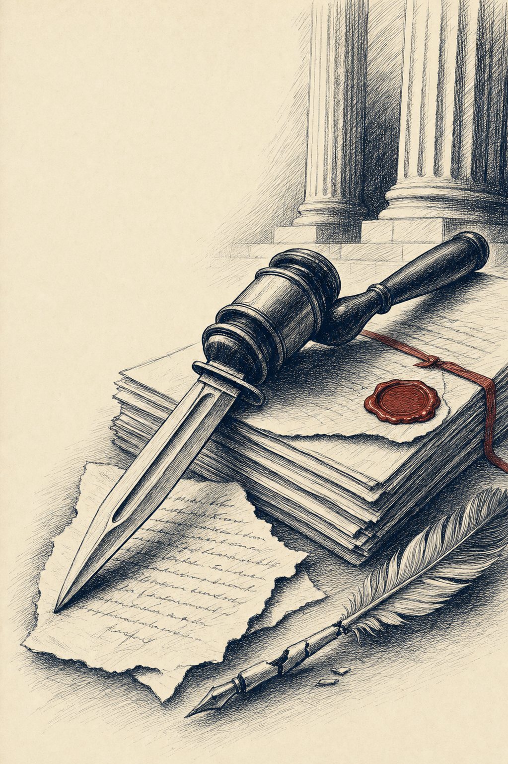 Editorial ink illustration: a judge's gavel whose head has been forged into a bayonet, resting point-down on a torn handwritten page atop a stack of sealed legal filings; a broken quill lies beside it; courthouse columns in the background.