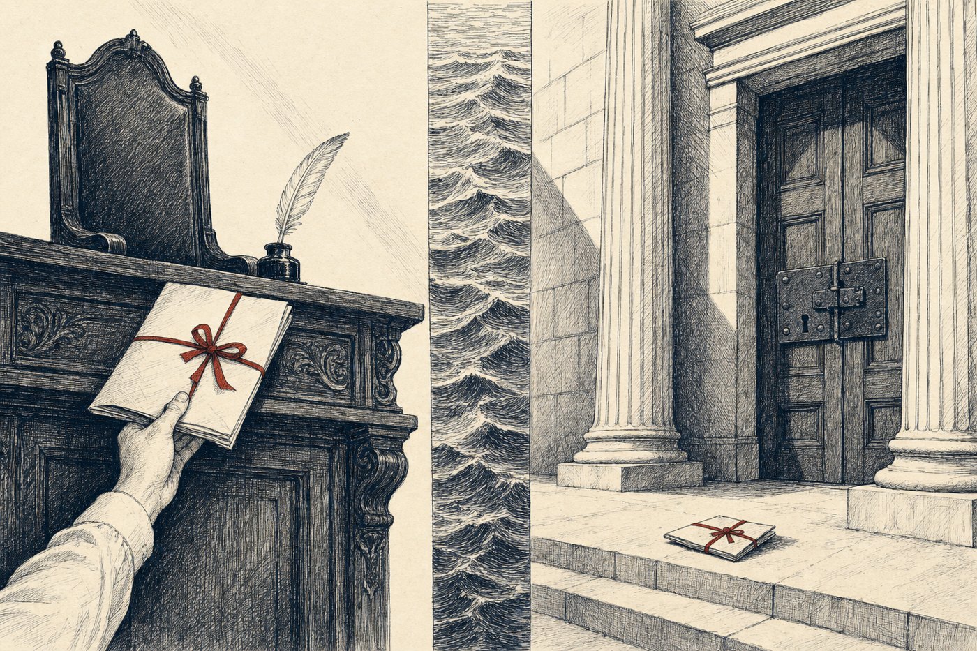 Editorial ink illustration in two panels divided by a strip of sea. On the left, a single hand slides a folded paper tied with red ribbon onto an empty English magistrate's bench beside a quill and inkwell. On the right, the same kind of paper lies on the steps of a columned American courthouse, stopped before a closed and locked door.