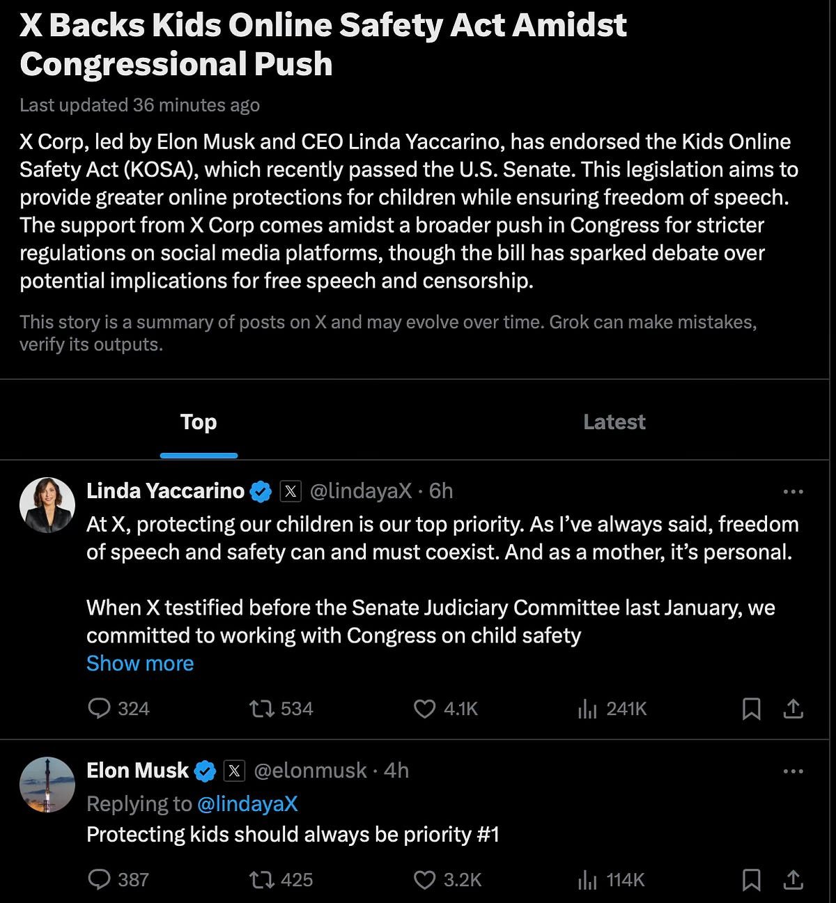 Screenshot of an X story from December 2024 headlined 'X Backs Kids Online Safety Act Amidst Congressional Push', with posts from Linda Yaccarino and Elon Musk.