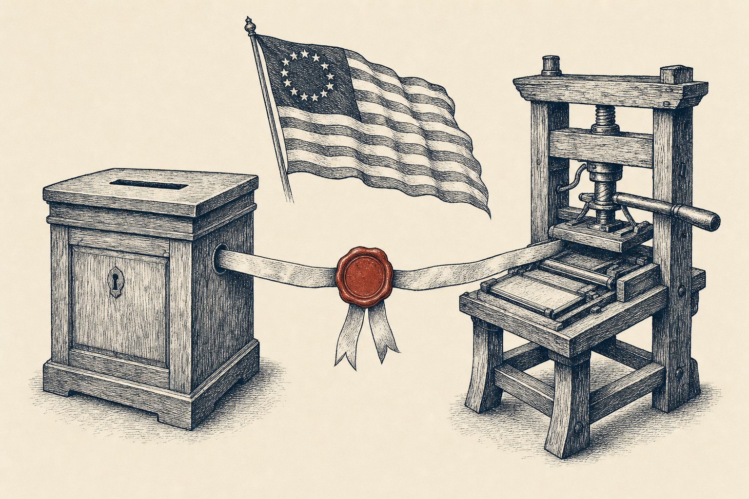 Editorial ink illustration: a ballot box beside a printing press, red wax seal breaking, both under the same American flag.