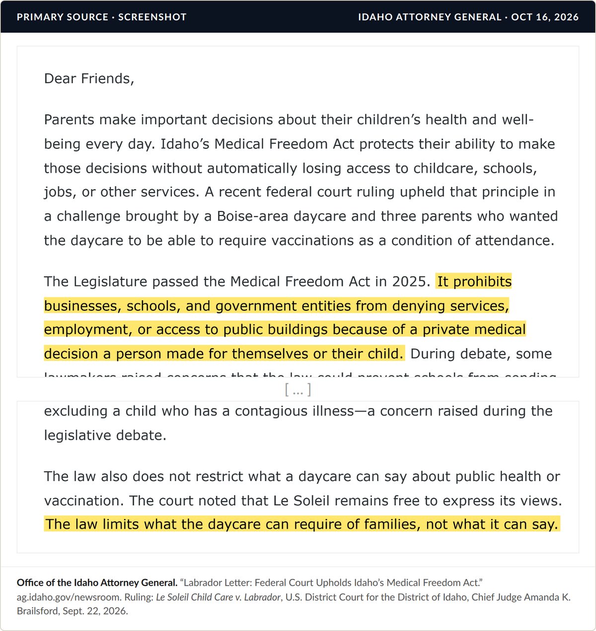 Screenshot of the Idaho Attorney General's October 16, 2026 letter, Federal Court Upholds Idaho's Medical Freedom Act, excerpted, with two sentences highlighted: the law prohibits businesses, schools and government entities from denying services, employment or access to public buildings because of a private medical decision, and the law limits what the daycare can require of families, not what it can say.