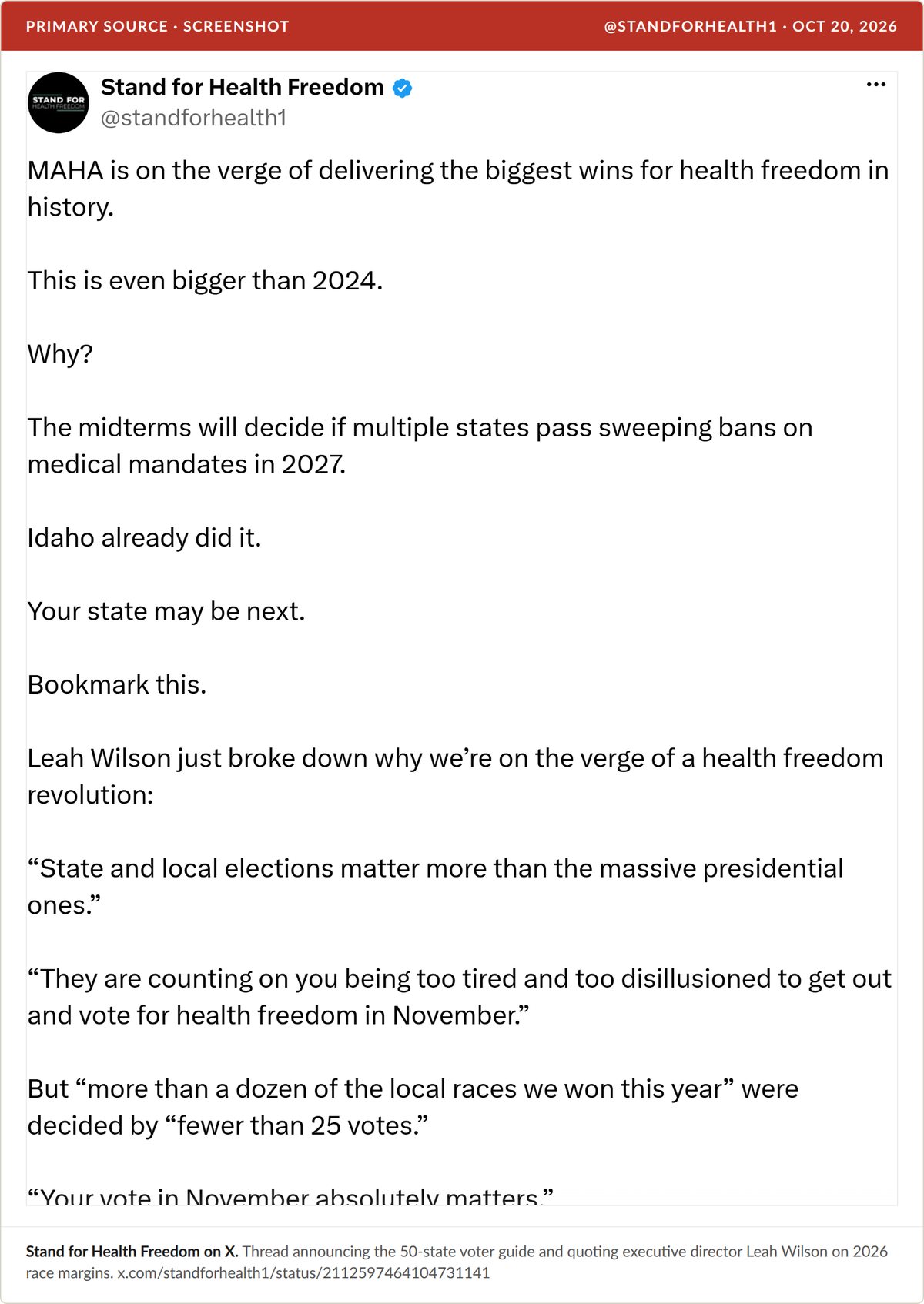 Screenshot of the Stand for Health Freedom post on X dated October 20, 2026 announcing the 50-state voter guide and quoting Leah Wilson.