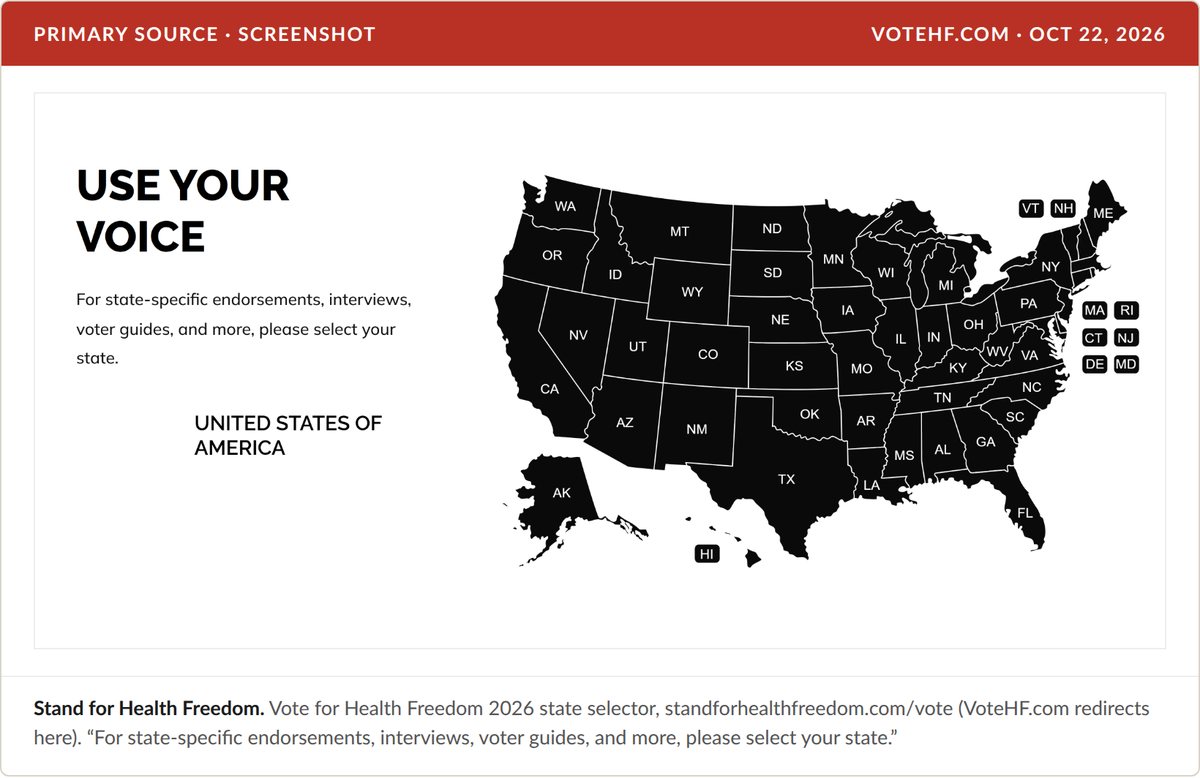 Screenshot of the VoteHF.com state selector: Use your voice. For state-specific endorsements, interviews, voter guides, and more, please select your state. A black map of the United States with state abbreviations.