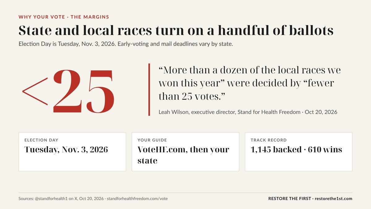 Chart: fewer than 25 votes. Quote from Leah Wilson: more than a dozen of the local races we won this year were decided by fewer than 25 votes. Election Day Tuesday Nov. 3, 2026.