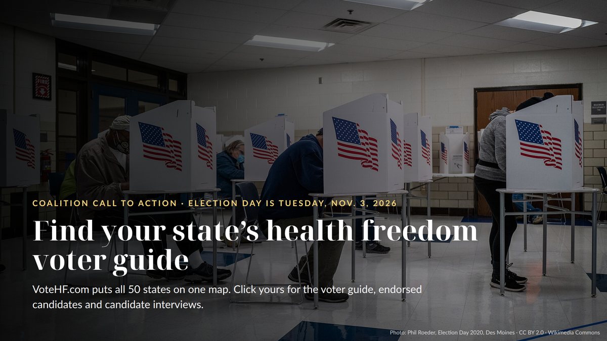 Landscape share graphic: Find your state's health freedom voter guide, VoteHF.com, over a photo of voting booths.