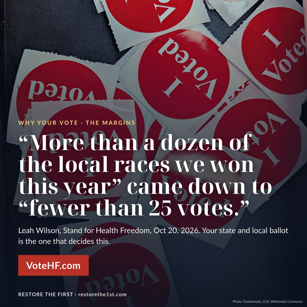 Square share graphic quoting Leah Wilson: more than a dozen of the local races we won this year came down to fewer than 25 votes, over a photo of I Voted stickers.