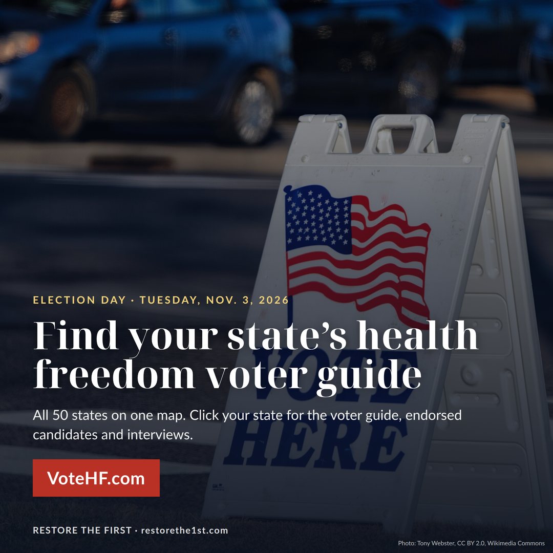 Square share graphic: Find your state's health freedom voter guide, all 50 states on one map, VoteHF.com, over a photo of a Vote Here sign.