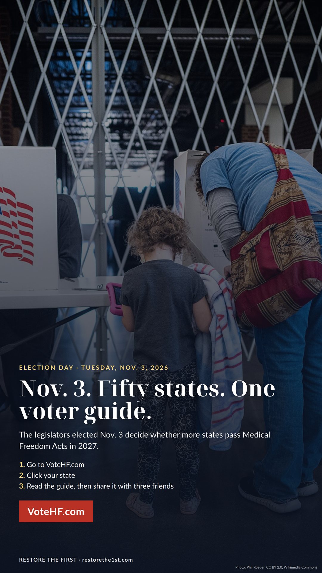 Vertical story graphic: Nov. 3. Fifty states. One voter guide. Three steps: go to VoteHF.com, click your state, read the guide and share it with three friends.