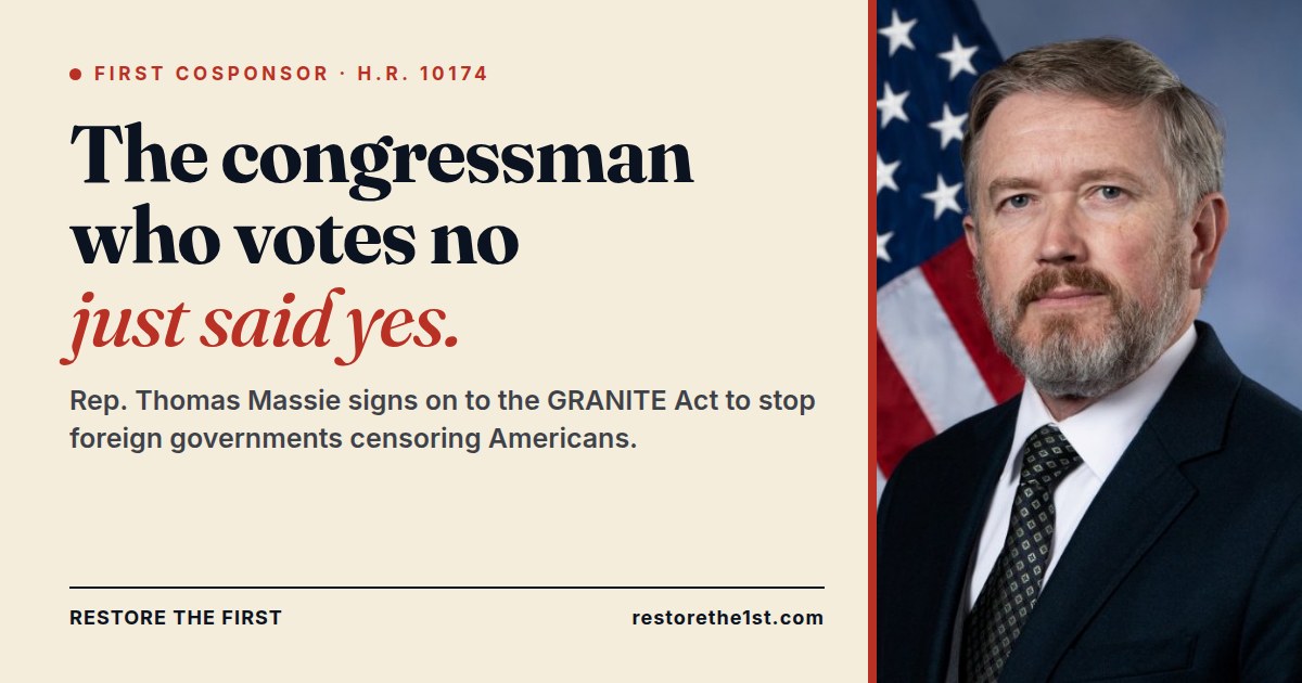 Card reading: The congressman who votes no just said yes, beside the official portrait of Rep. Thomas Massie