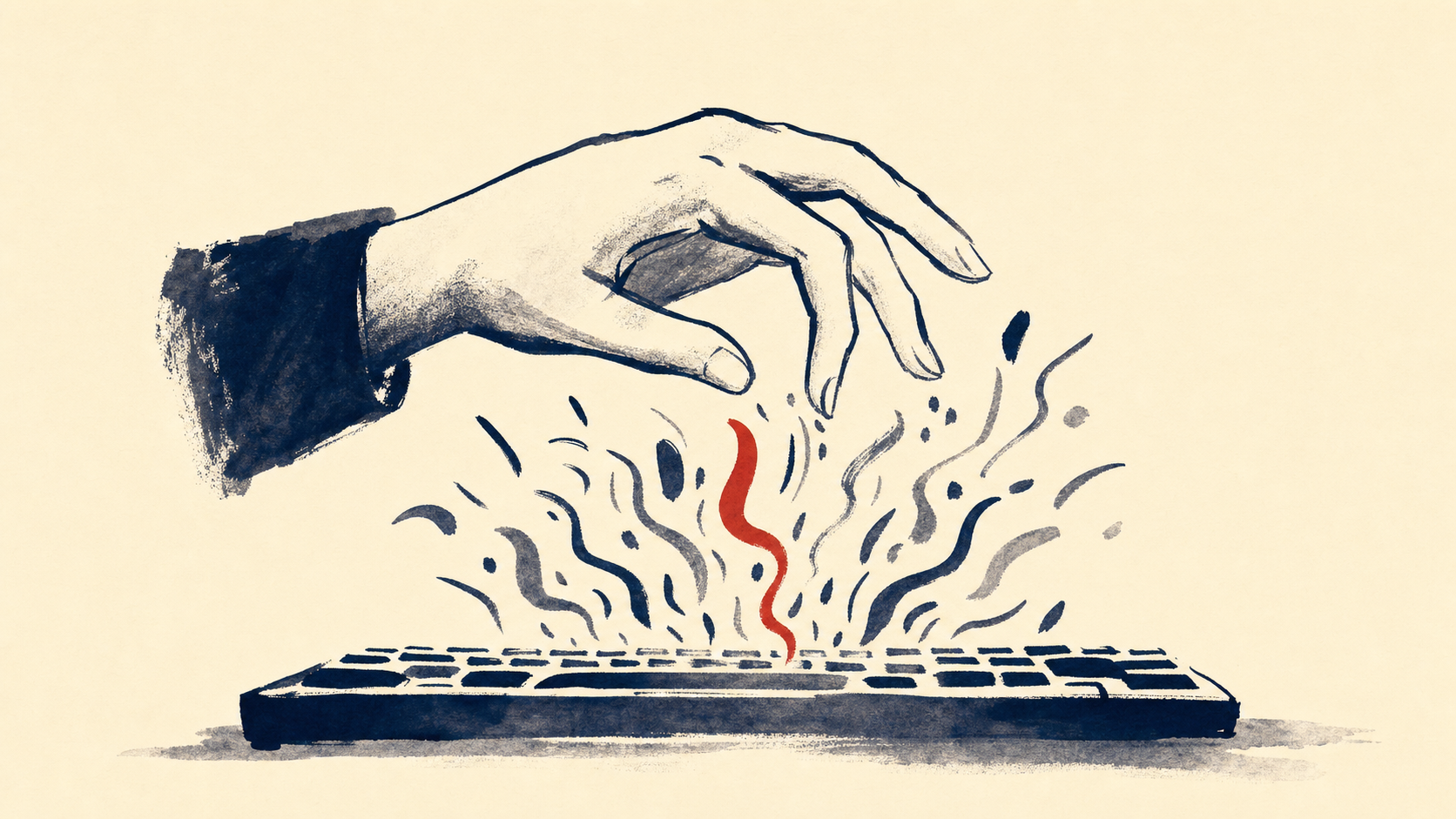 Editorial illustration: a hand poised above a keyboard, ink strokes rising from the keys