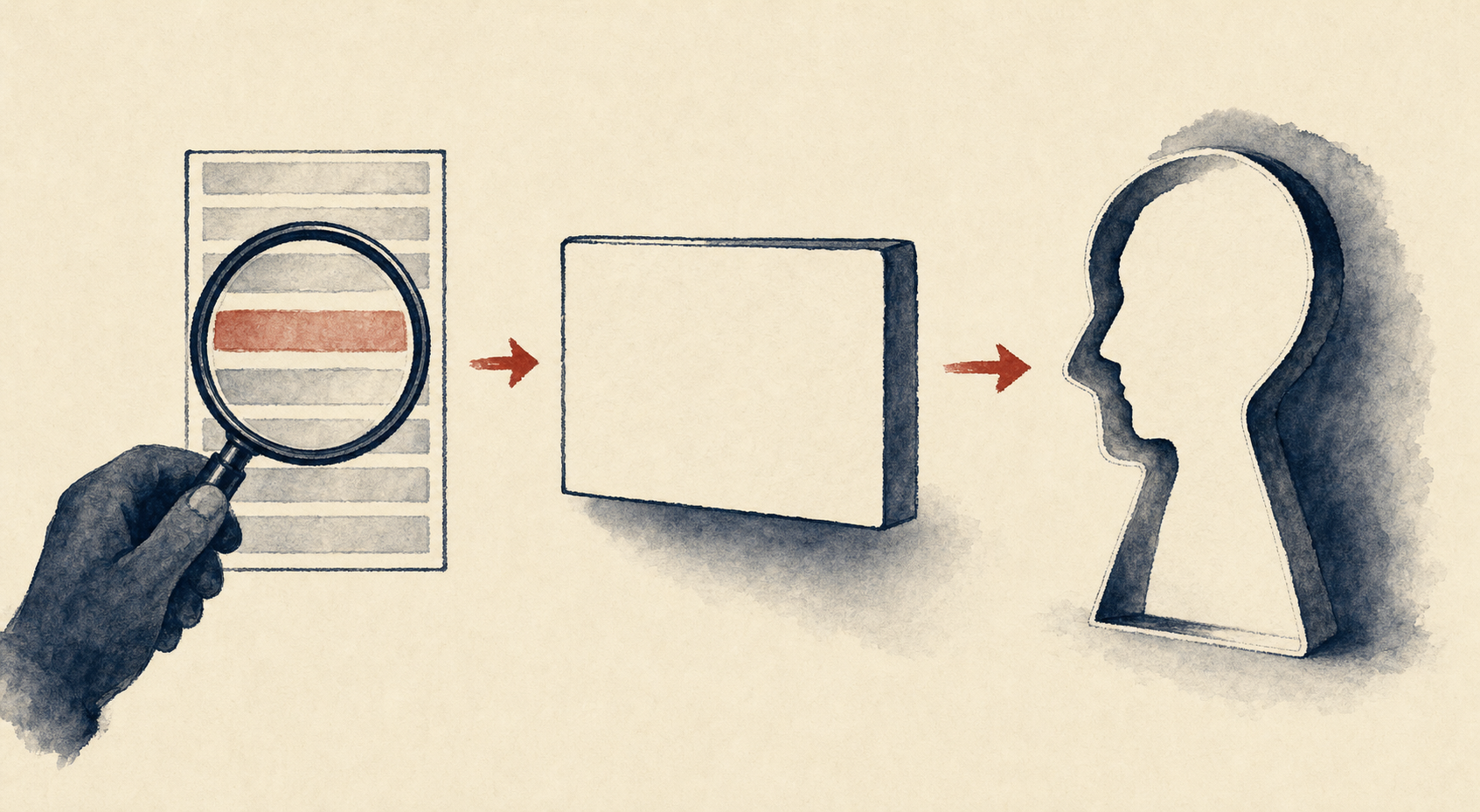 Three-panel editorial illustration showing the influence arc: search results, single answer box, personalization keyhole