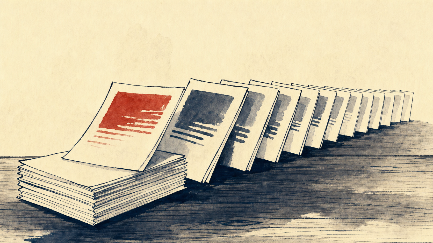 Editorial illustration of documents falling in sequence like dominoes across a wood floor