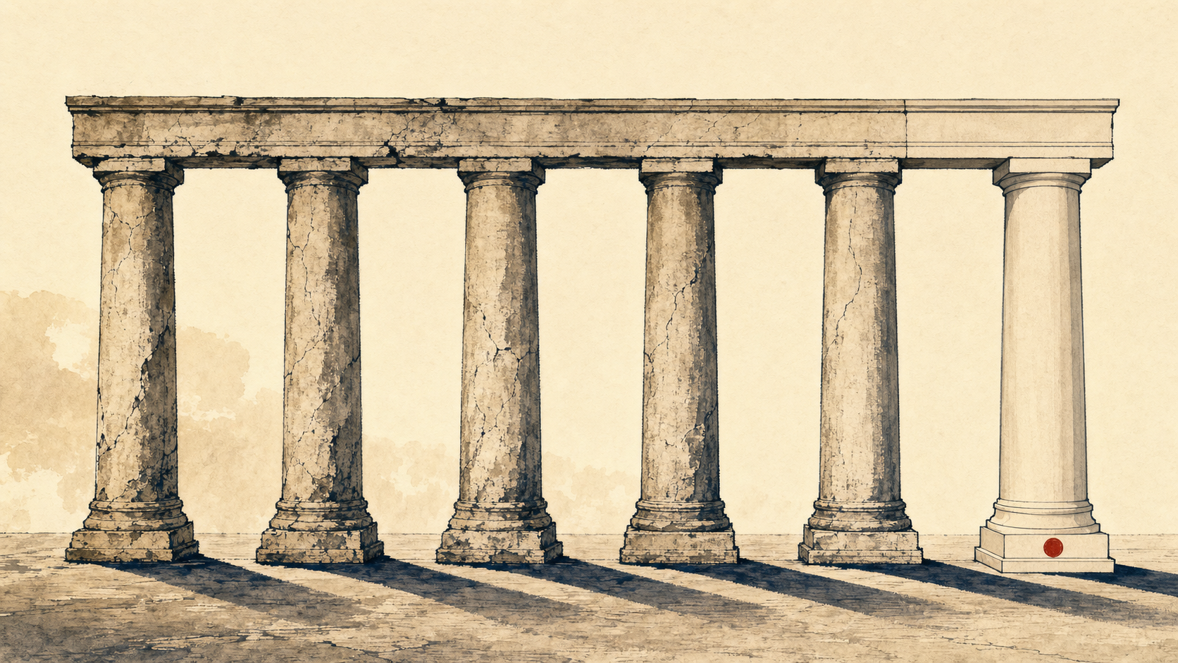 Editorial illustration of six classical stone columns supporting a single architrave — five weathered, one visibly newer with a red seal