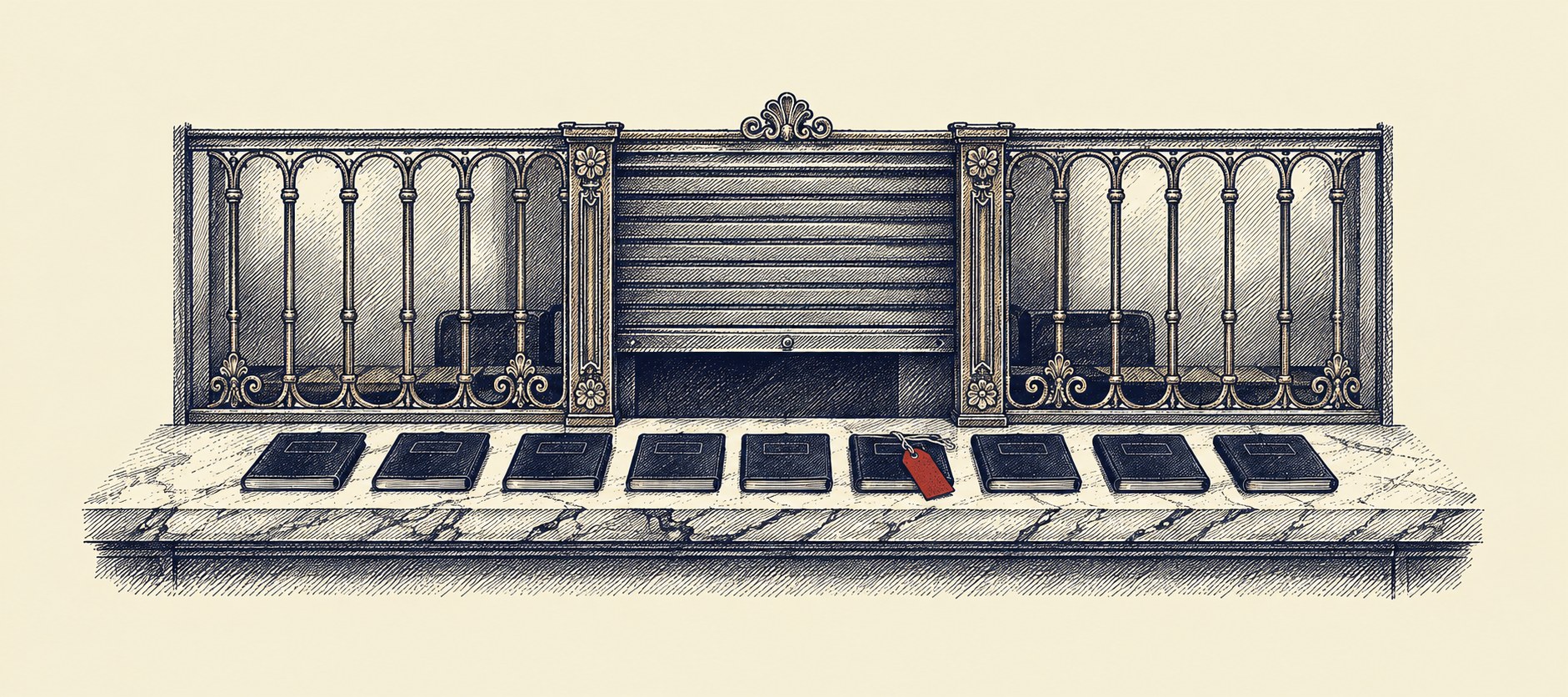 Editorial ink illustration: a row of bank passbooks before a teller grille; one carries a red tag and the shutter is lowered