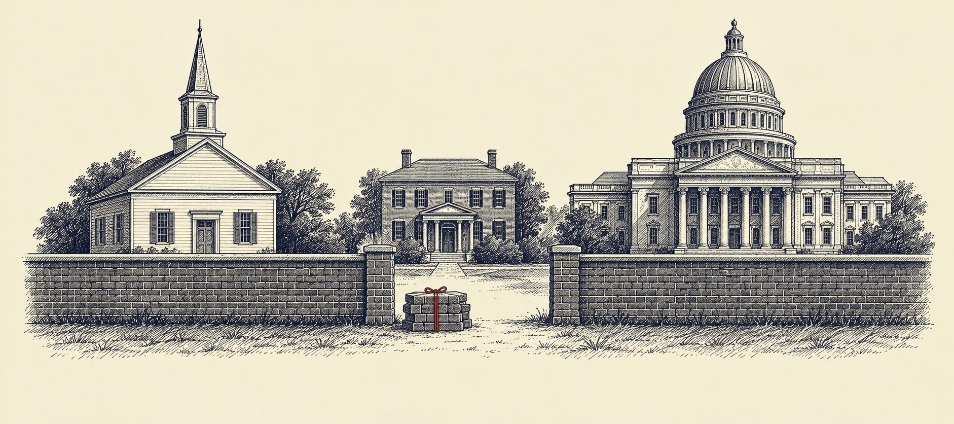 Editorial ink illustration: a brick wall in front of a meeting-house and a domed capitol, unfinished in front of a physician's building