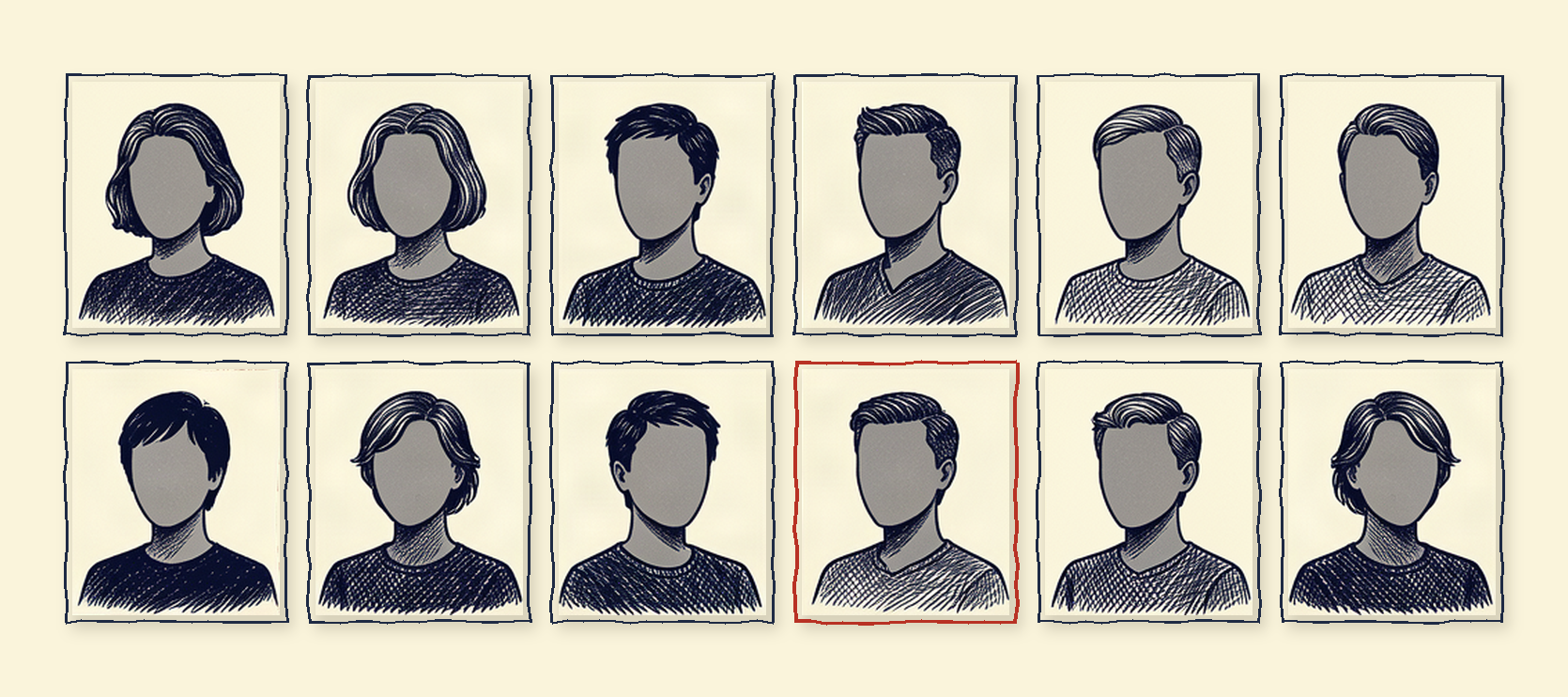 Editorial illustration: twelve framed portrait silhouettes arranged as entries in a register, one frame outlined in red