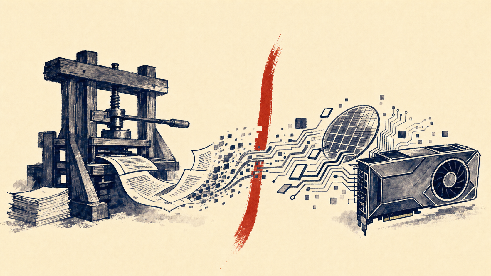 Editorial illustration: an antique wooden printing press at left, its pages dissolving mid-flight into circuit-board traces and a modern GPU at right, with a single red brushstroke rising between them