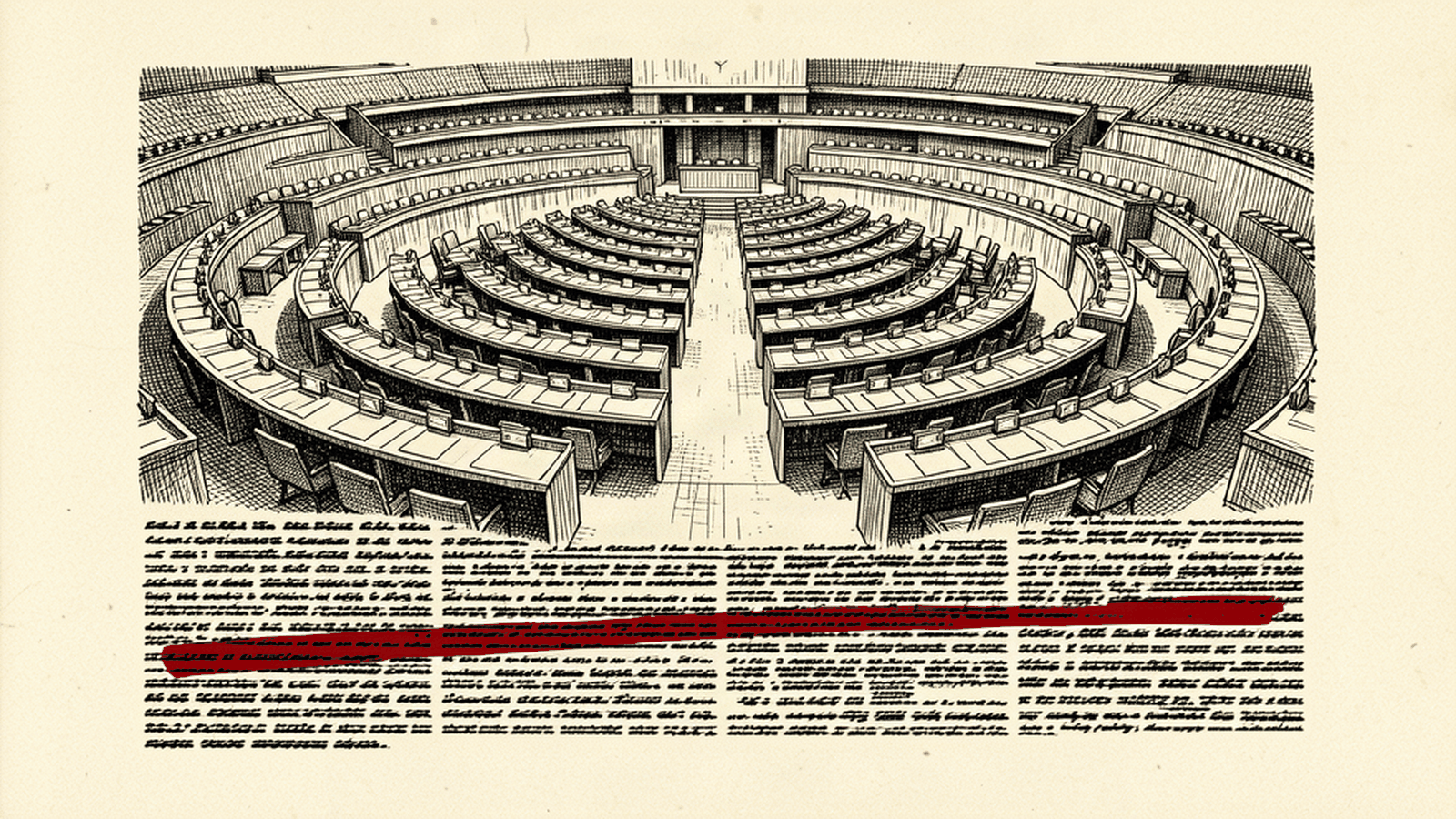 Editorial ink illustration: an empty international assembly chamber drawn in crosshatch, above a block of printed paragraph lines with one line struck through in red