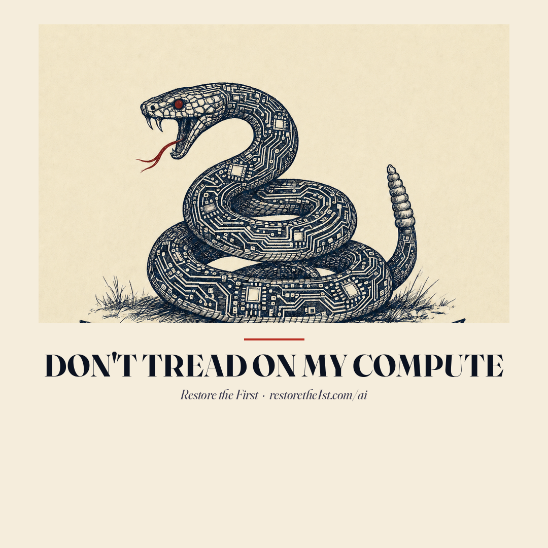 Don't Tread On My Compute — editorial ink illustration of a coiled rattlesnake rendered with circuit-board scales, on cream paper, in the tradition of the Gadsden flag
